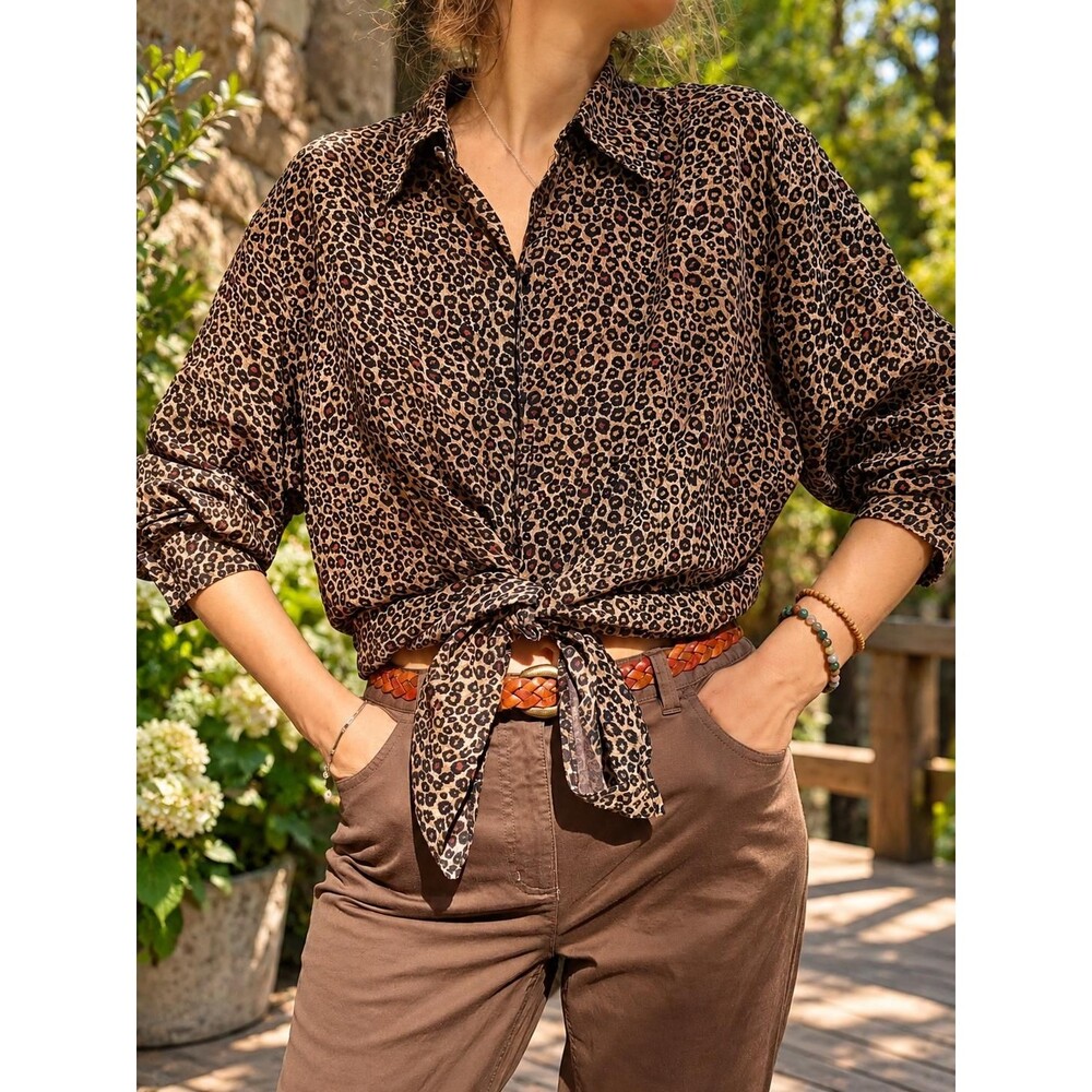 Vintage Silk Leopard Print Blouse Oversized Animal Print Button Down XL Fall 90s